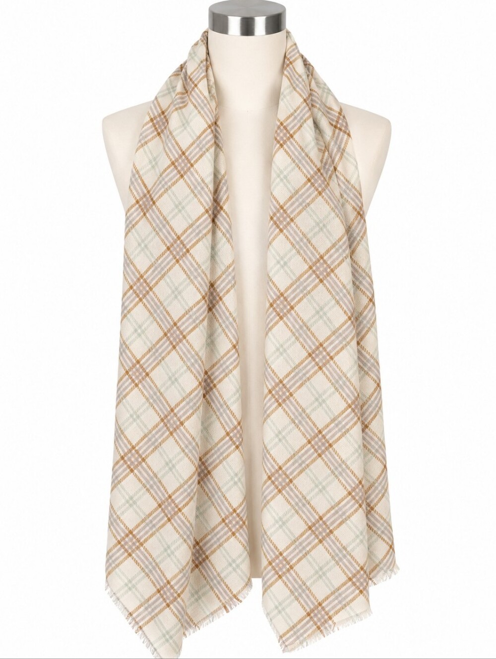 NWT Cato Women's Plaid Blanket Scarf Rectangle Fringe Tan  Cream Blue Fall OS